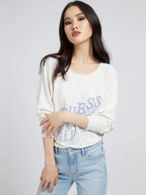 Guess Pull Logo Strass Blanc