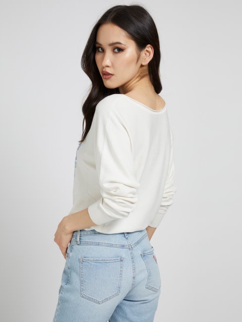 Guess Pull Logo Strass Blanc