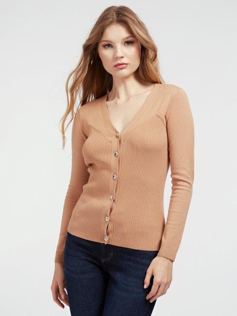 Guess Cardigan Côtelé Col V Beige