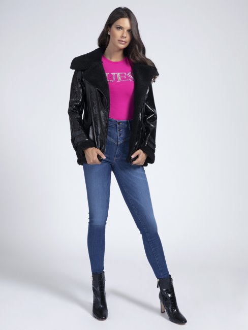 Veste En Peau Retournée Vinyle Noire Guess