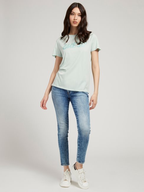 Tee Shirt Guess Vert Clair Avec Logo Sur Le Devant