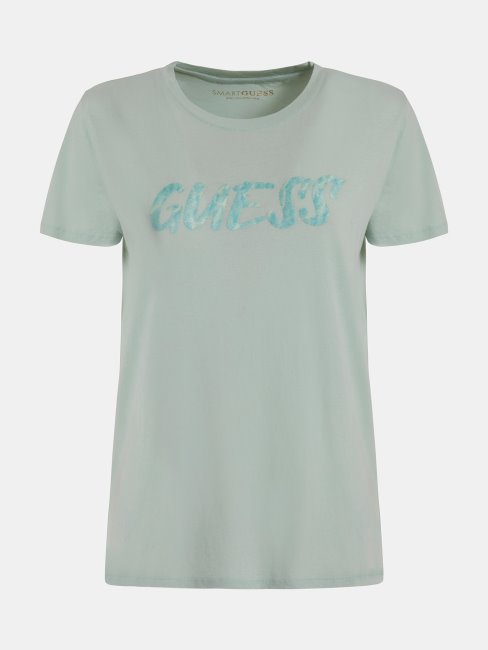 Tee Shirt Guess Vert Clair Avec Logo Sur Le Devant