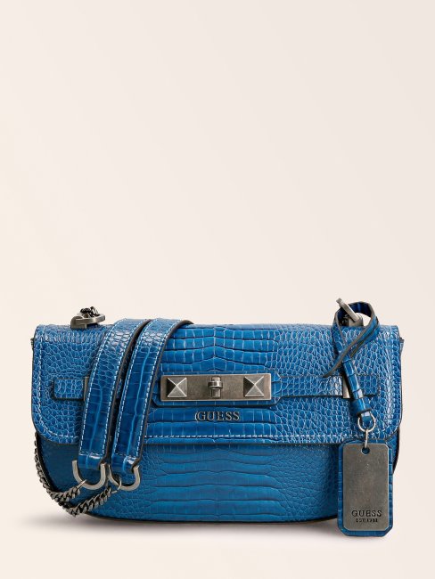 Guess Sac à Bandoulière Raphie Imprimé Croco Bleu