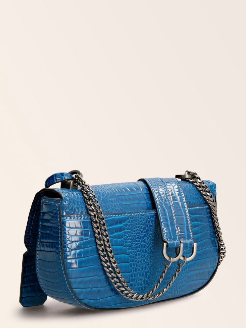 Guess Sac à Bandoulière Raphie Imprimé Croco Bleu