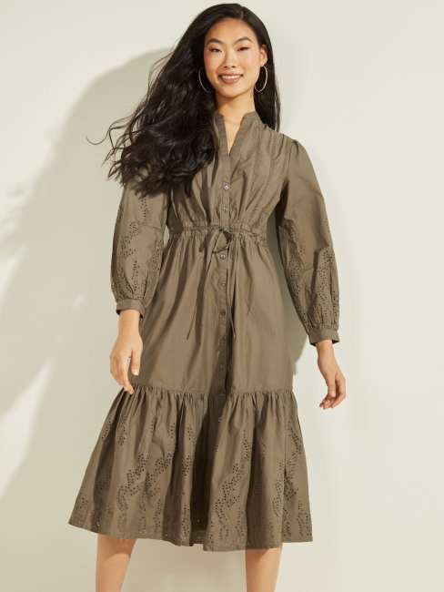 Guess Robe Longue Verte En Coton Brodé