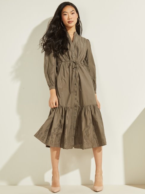 Guess Robe Longue Verte En Coton Brodé