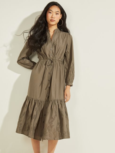 Guess Robe Longue Verte En Coton Brodé