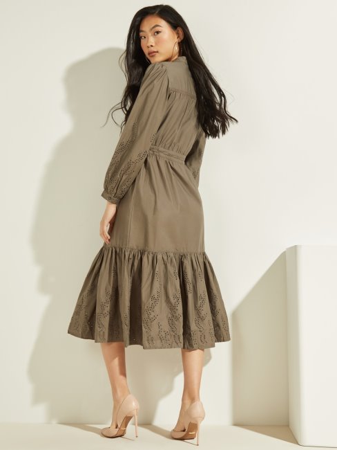 Guess Robe Longue Verte En Coton Brodé