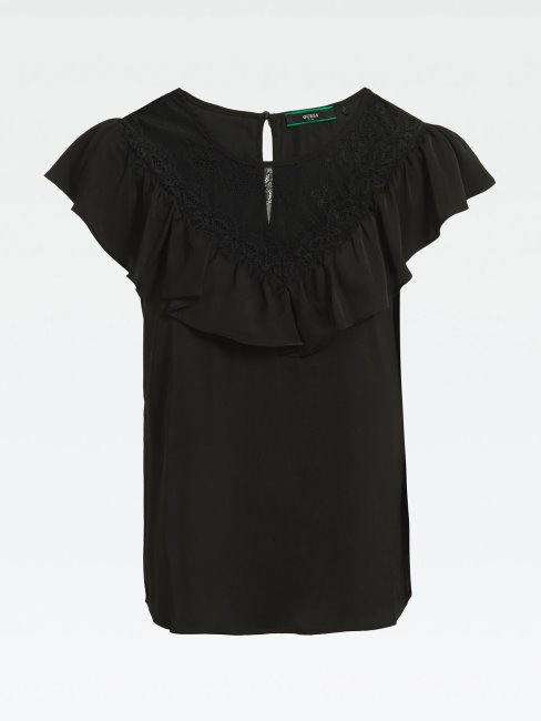 Guess Haut Noir à Volants En Satin