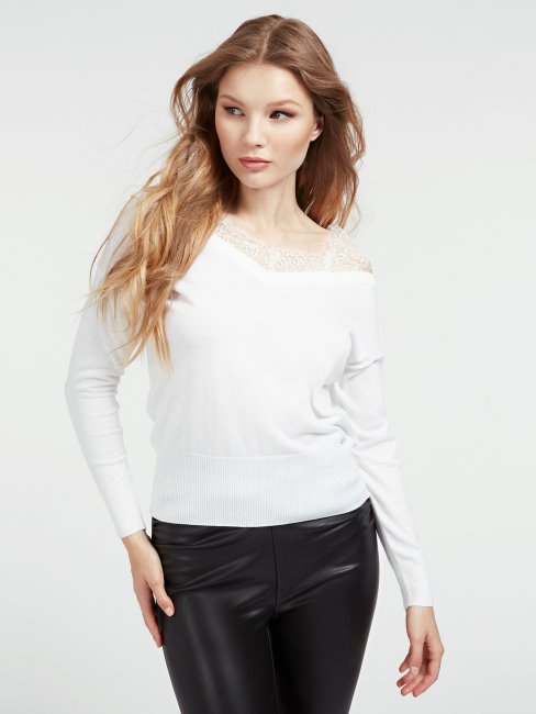 Guess Off épaule Dentelle Détails Pull Blanc