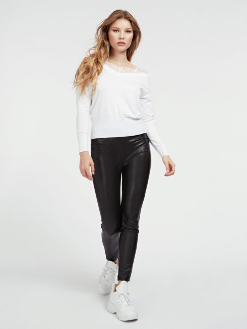 Guess Off épaule Dentelle Détails Pull Blanc