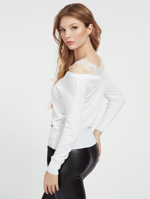 Guess Off épaule Dentelle Détails Pull Blanc