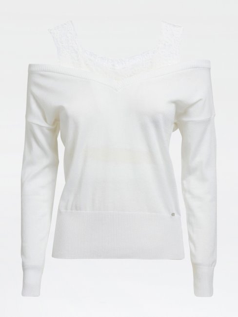 Guess Off épaule Dentelle Détails Pull Blanc