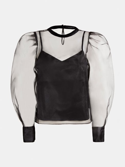 Guess Chemisier Transparent à Manches Ballon Noir