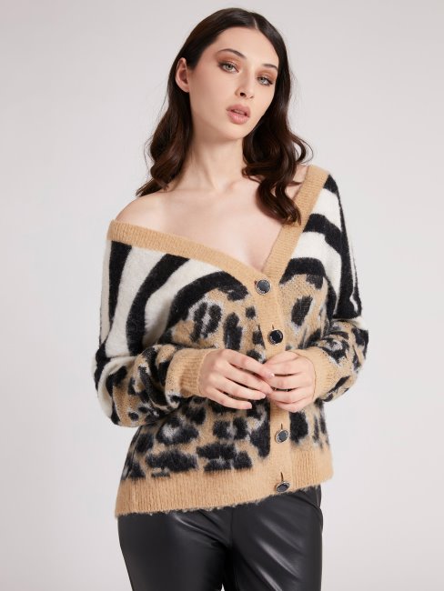 Guess Animalier Cardigan En Laine Mélangée Multi Beige