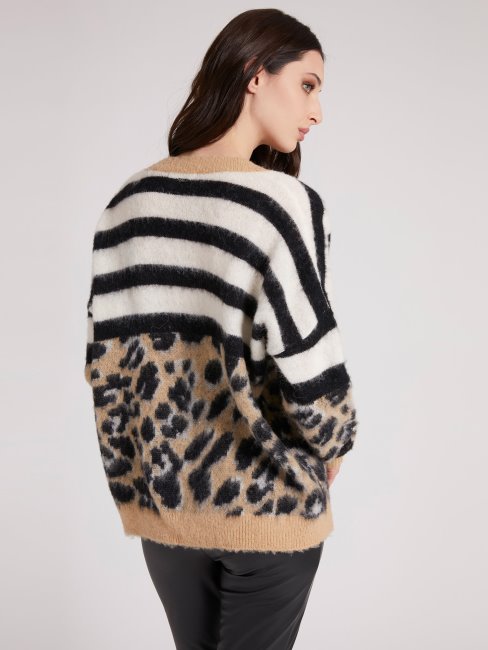 Guess Animalier Cardigan En Laine Mélangée Multi Beige
