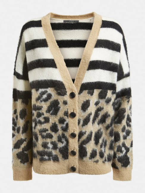 Guess Animalier Cardigan En Laine Mélangée Multi Beige