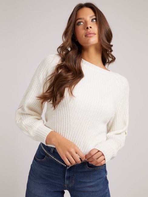 Pull Blanc En Laine Mélangée à Côtes Guess