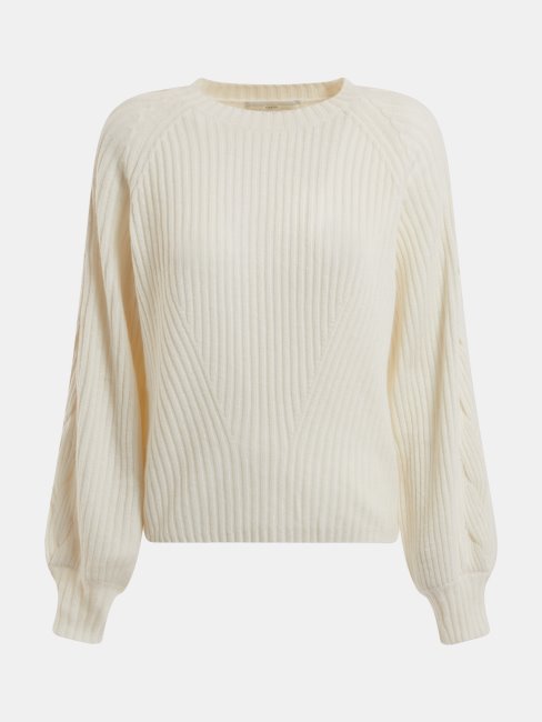 Pull Blanc En Laine Mélangée à Côtes Guess