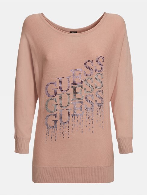 Pull Guess Logo Strass Rose Clair