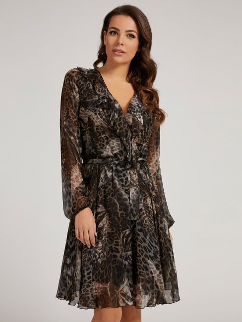 Guess Robe En Soie Mélangée à Imprimé Animal Marron Multi