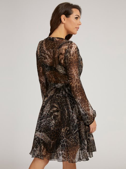 Guess Robe En Soie Mélangée à Imprimé Animal Marron Multi