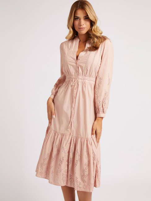 Robe Longue En Coton Brodé Guess Rose Clair