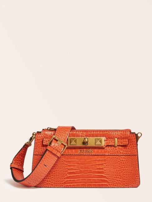 Guess Mini Sac à Bandoulière Raphie Orange Imprimé Croco