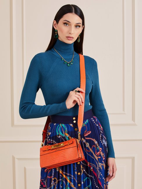 Guess Mini Sac à Bandoulière Raphie Orange Imprimé Croco