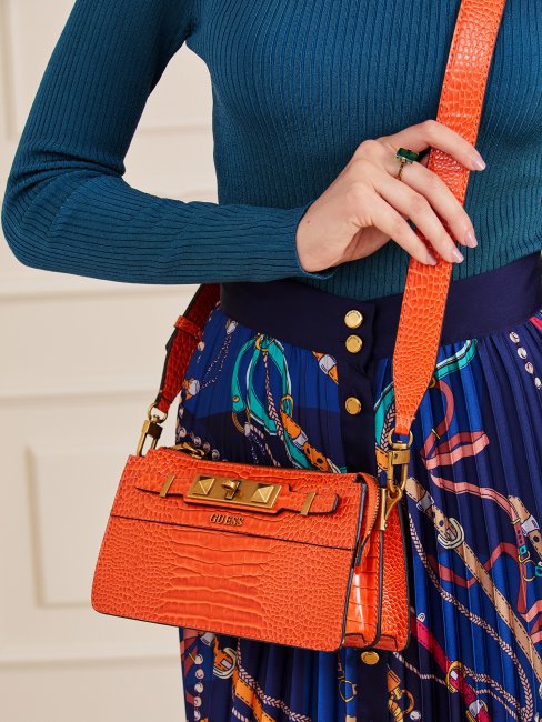 Guess Mini Sac à Bandoulière Raphie Orange Imprimé Croco