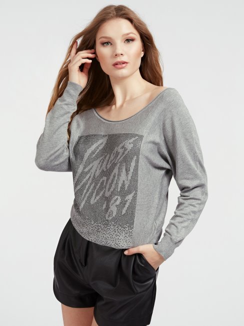 Pull Logo Devant Strass Gris Guess