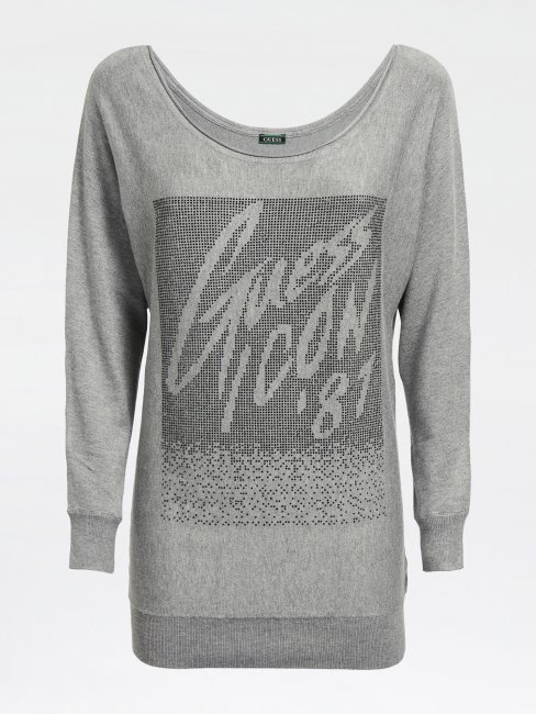 Pull Logo Devant Strass Gris Guess