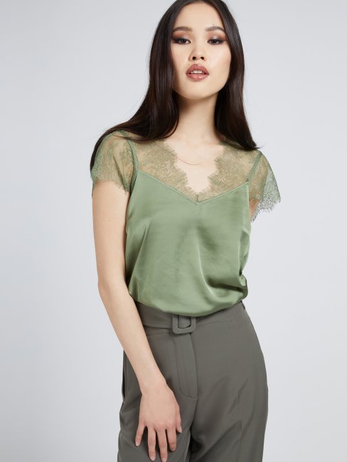 Détails En Dentelle Haut En Satin Vert Guess