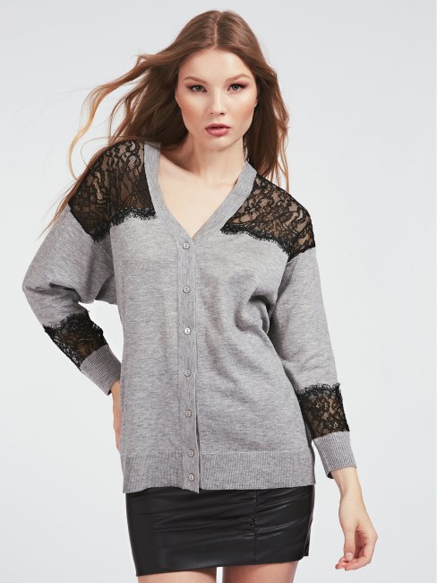 Cardigan Gris En Viscose Mélangée Avec Dentelle Guess