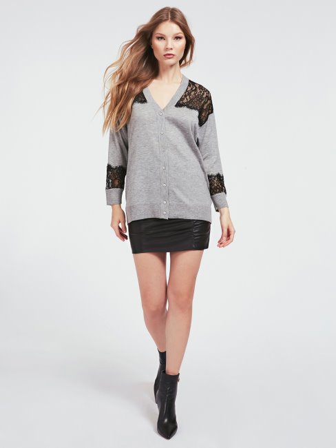 Cardigan Gris En Viscose Mélangée Avec Dentelle Guess