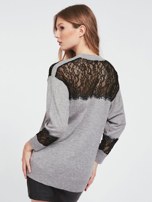 Cardigan Gris En Viscose Mélangée Avec Dentelle Guess