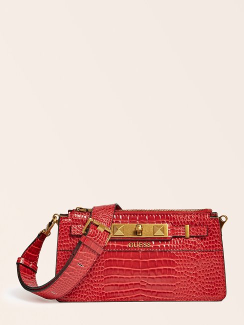 Mini Sac à Bandoulière Raphie Imprimé Croco Rouge Guess