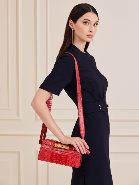 Mini Sac à Bandoulière Raphie Imprimé Croco Rouge Guess