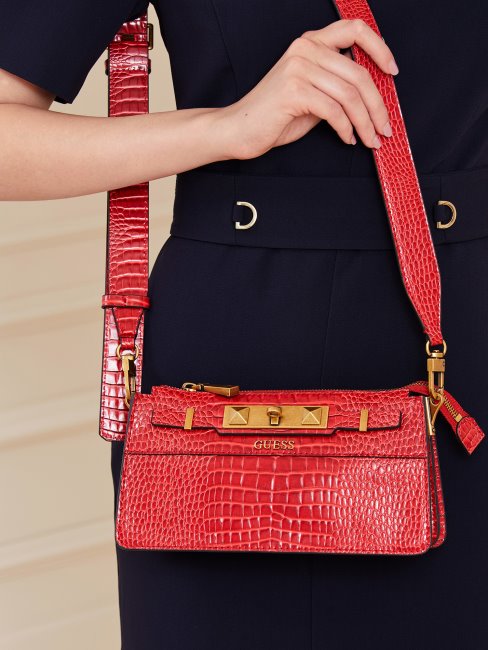 Mini Sac à Bandoulière Raphie Imprimé Croco Rouge Guess