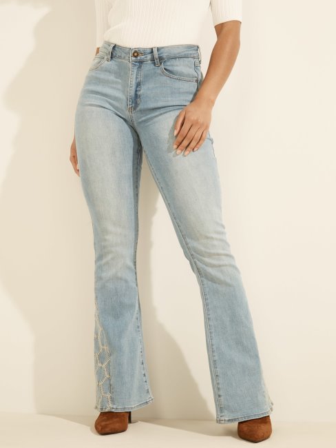 Pantalon En Denim Brodé Coupe Ajustée Et évasée Bleu Guess