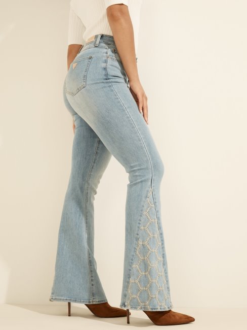 Pantalon En Denim Brodé Coupe Ajustée Et évasée Bleu Guess