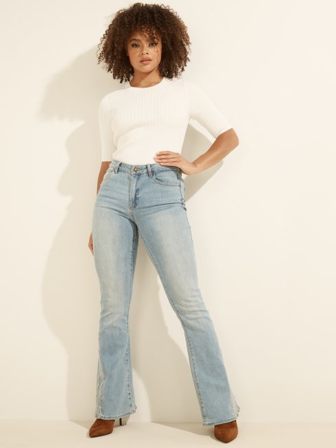 Pantalon En Denim Brodé Coupe Ajustée Et évasée Bleu Guess