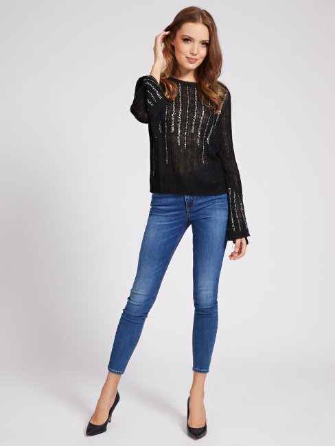 Pull Col Bateau Strass Noir Guess