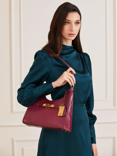 Sac Porté épaule Imprimé Croco Raphie Violet Guess