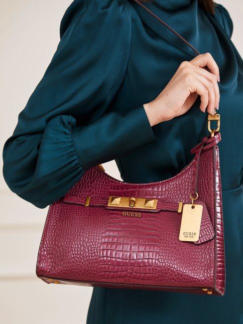 Sac Porté épaule Imprimé Croco Raphie Violet Guess