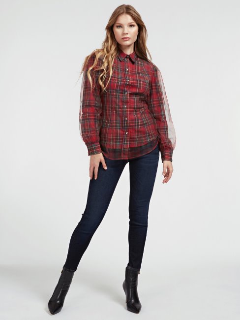 Guess Chemise Rouge En Coton Empiècement Mesh