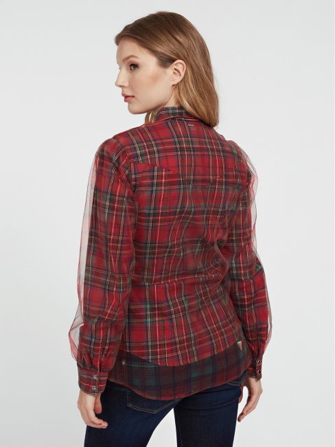Guess Chemise Rouge En Coton Empiècement Mesh