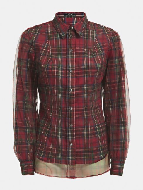 Guess Chemise Rouge En Coton Empiècement Mesh