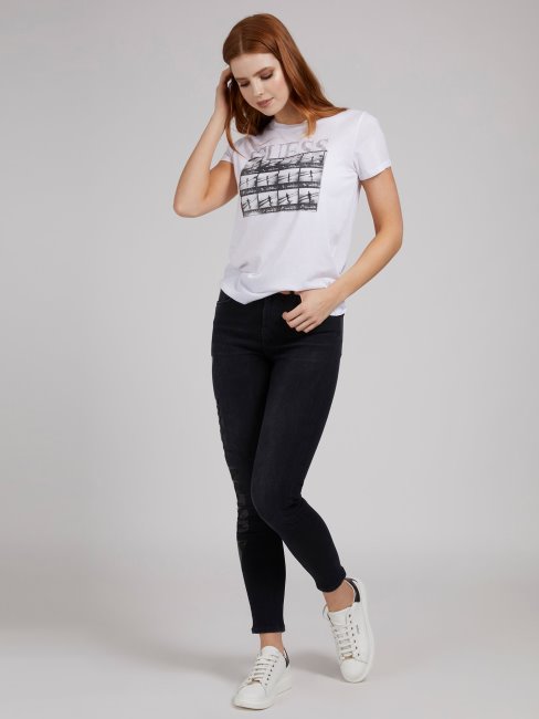 Pantalon Denim Coupe Skinny Imprimé Métallisé Guess Noir