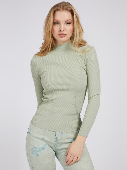 Pull Guess Vert Col Roulé En Viscose Mélangée